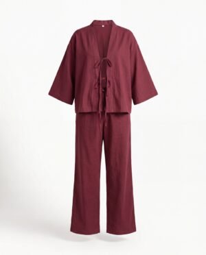 Ensemble haut noué et pantalon coton bordeaux Mellari — vue ensemble