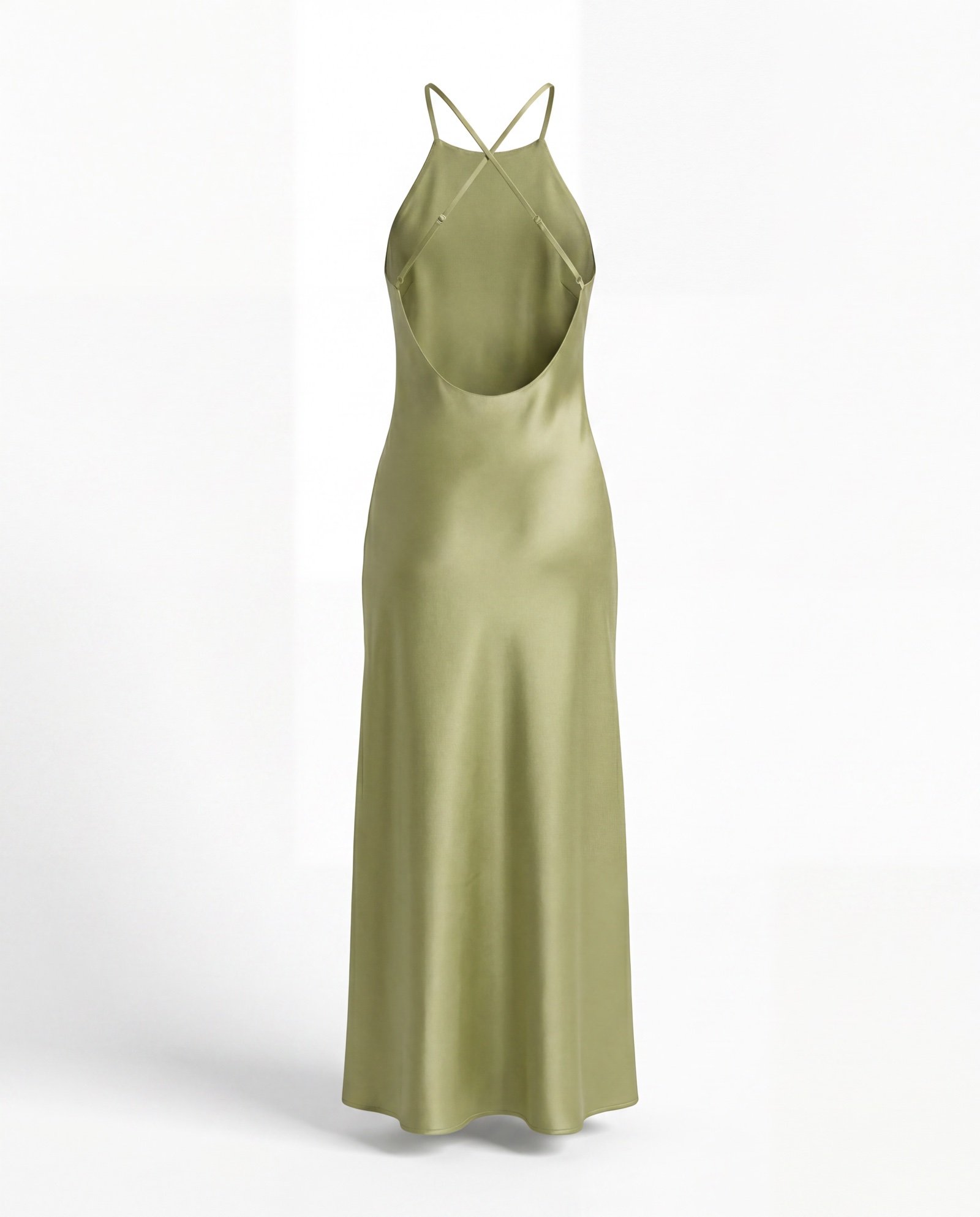 Robe halter satin vert anis Mellari — dos nu