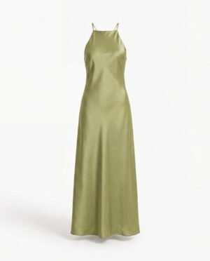 Robe halter satin vert anis Mellari — vue face