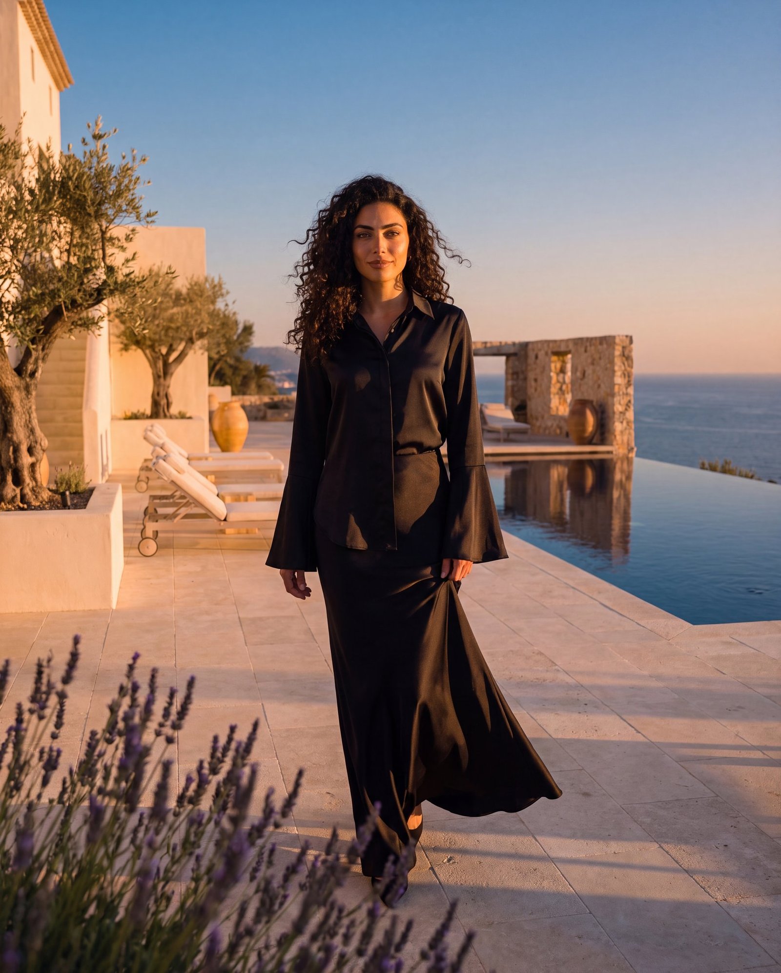 Femme en ensemble satin Nocturne noir marchant au bord d'une piscine à débordement à l'heure dorée sur la Riviera