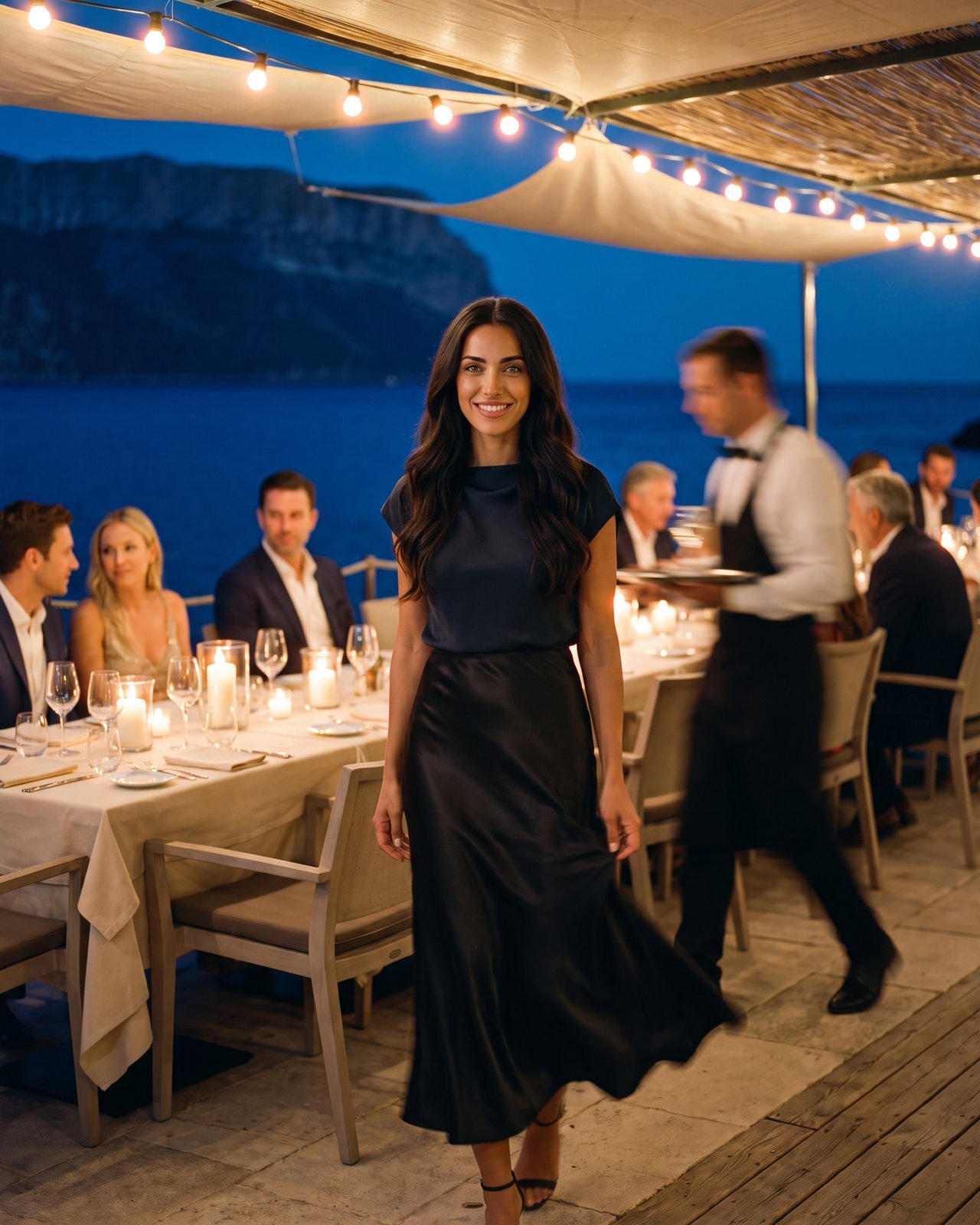 Jupe satin Étoile noire portée en soirée sur la Riviera