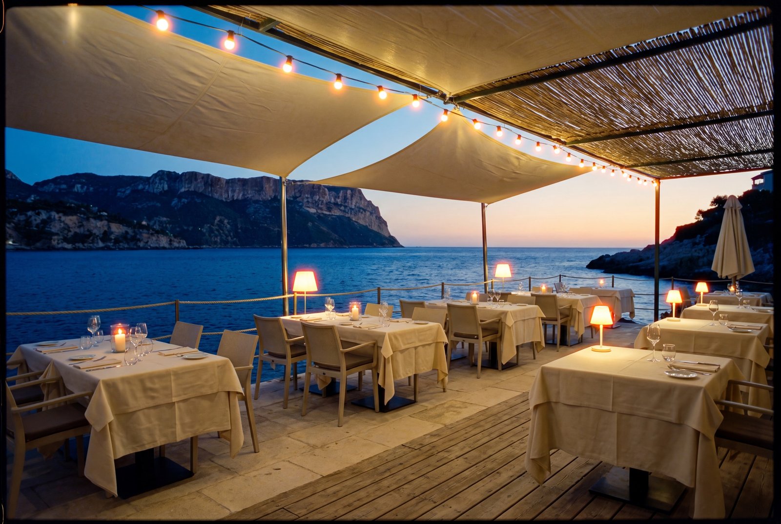 Le restaurant les pieds dans l'eau, le soir