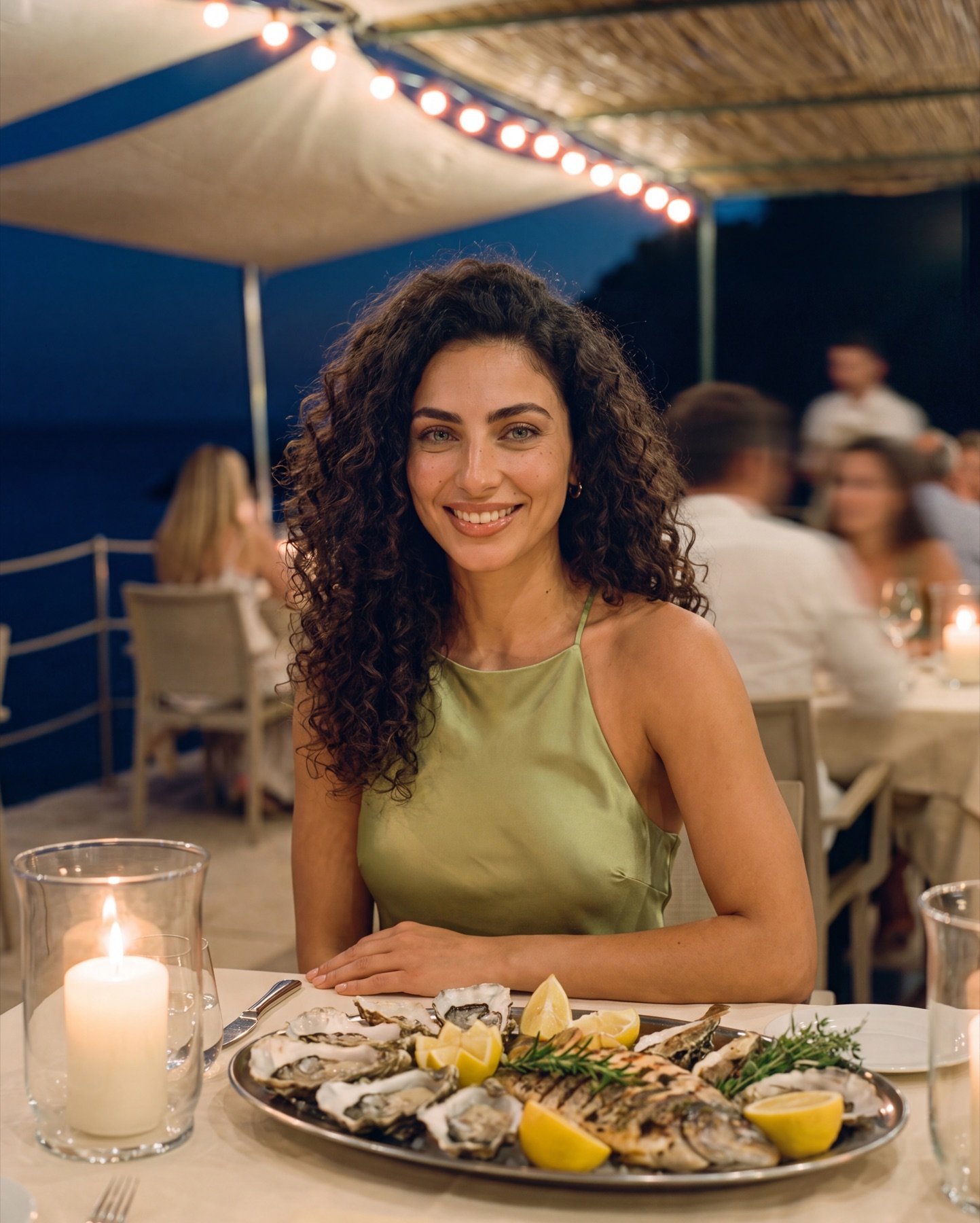 Robe Riva anis, à table au restaurant